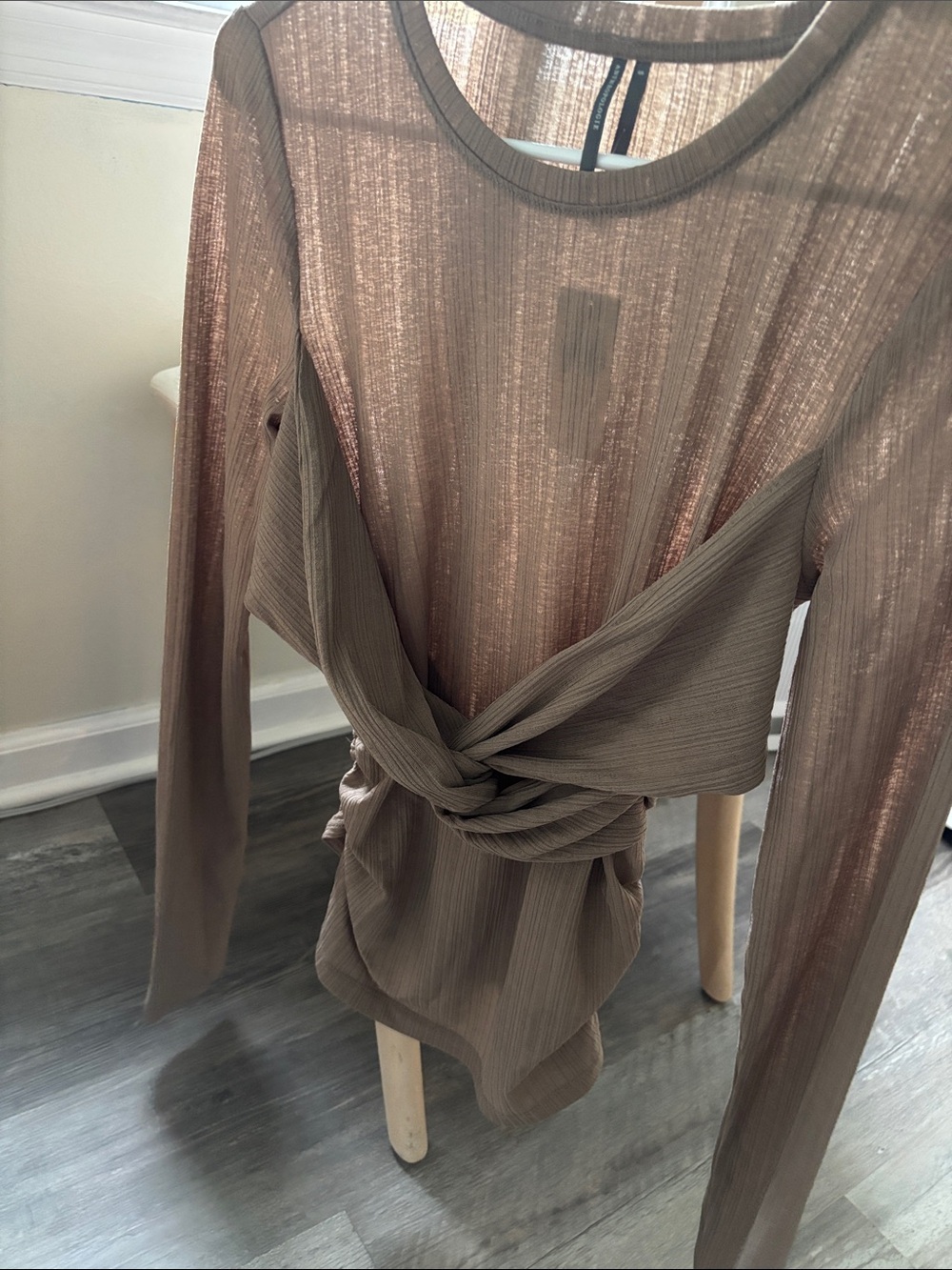 Sheer Twist-Front Long Sleeve Top- Taupe